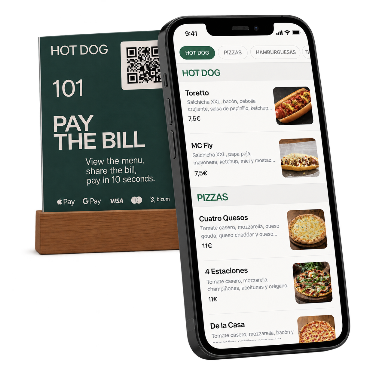 Soporte de QR en la mesa y carta en el móvil