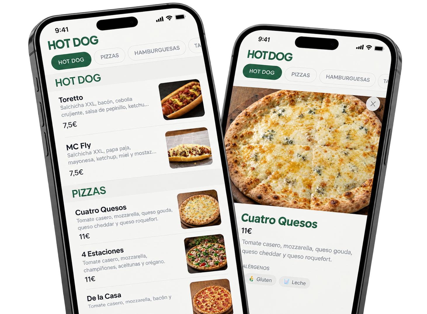 Dos móviles con una carta y un menú del día hechos con menu0