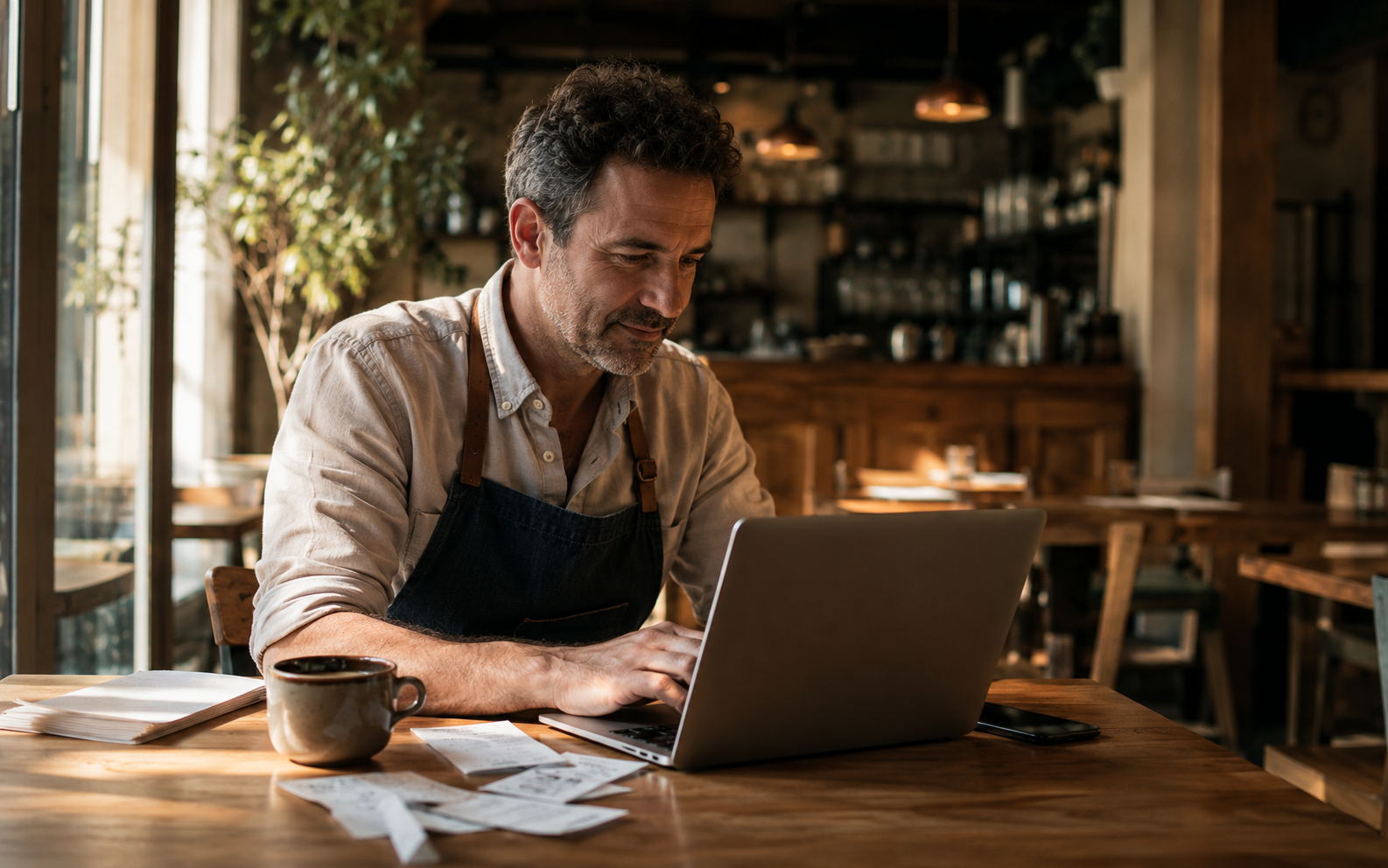 Dueño de restaurante revisando las estadísticas de su carta en el portátil