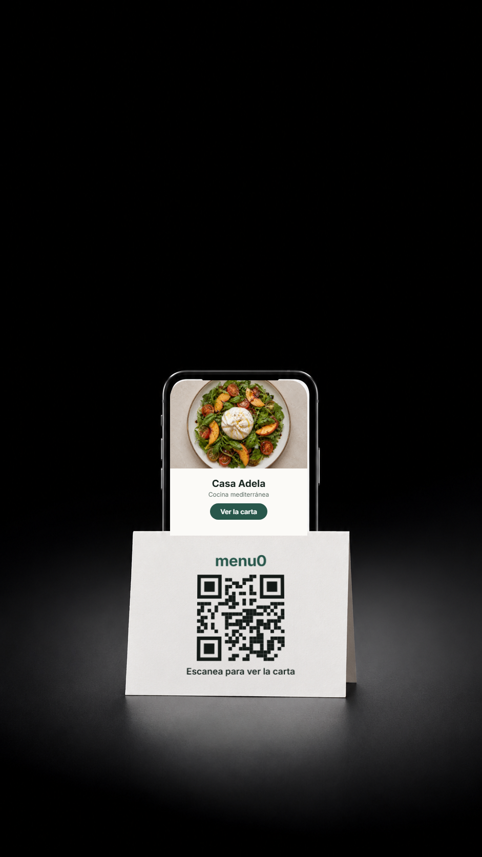 Tarjeta de mesa con el código QR de menu0 y móvil mostrando la carta